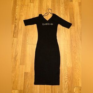 bebe Black Rhinestone-Logo Off-Shoulder Bodycon Midi Dress